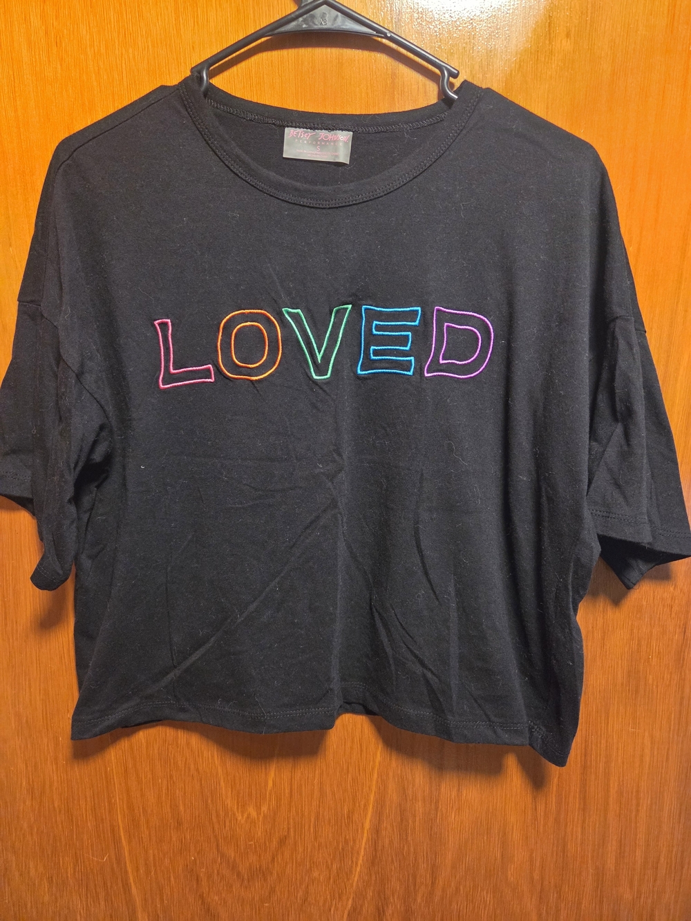 Betsey Johnson Black Tee with Multicolor 'LOVED' Embroidery